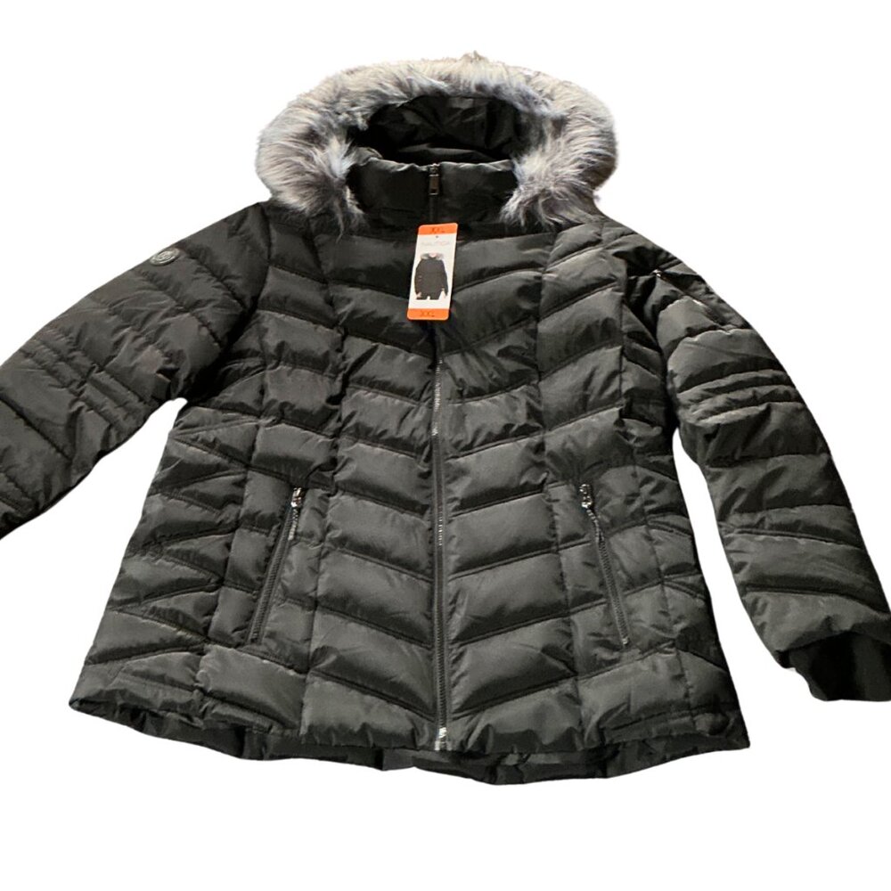 Nautica Black Quilted Jacket with Faux Fur Hood (XXL)